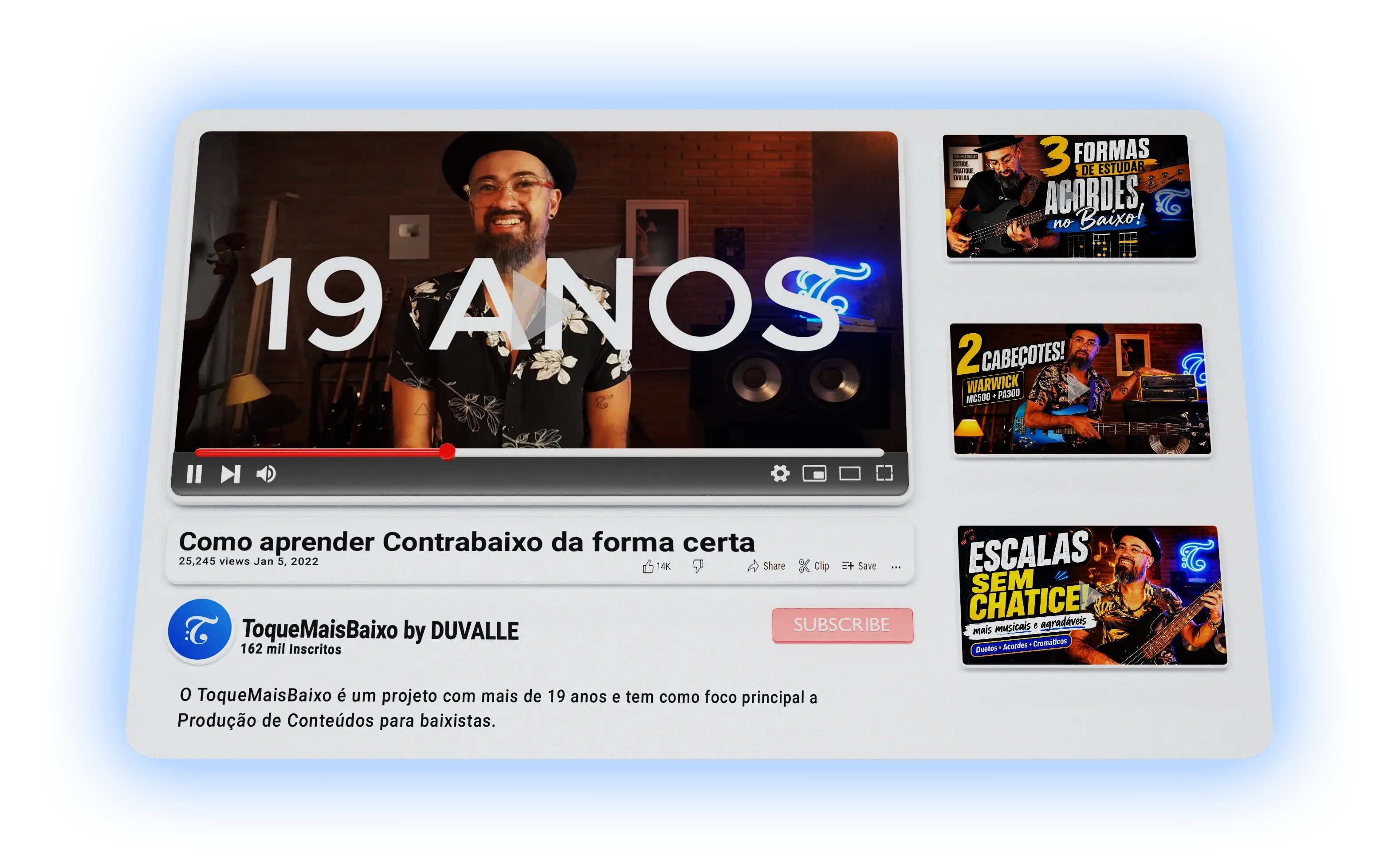 Mockup do canal do YouTube ToqueMaisBaixo, com aulas de contrabaixo